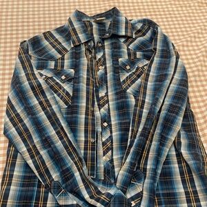 True Religion Blue and Tan Plaid Button Down Shirt